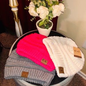 C.C. Beanie-Solid Ivory, hot pink and gray.